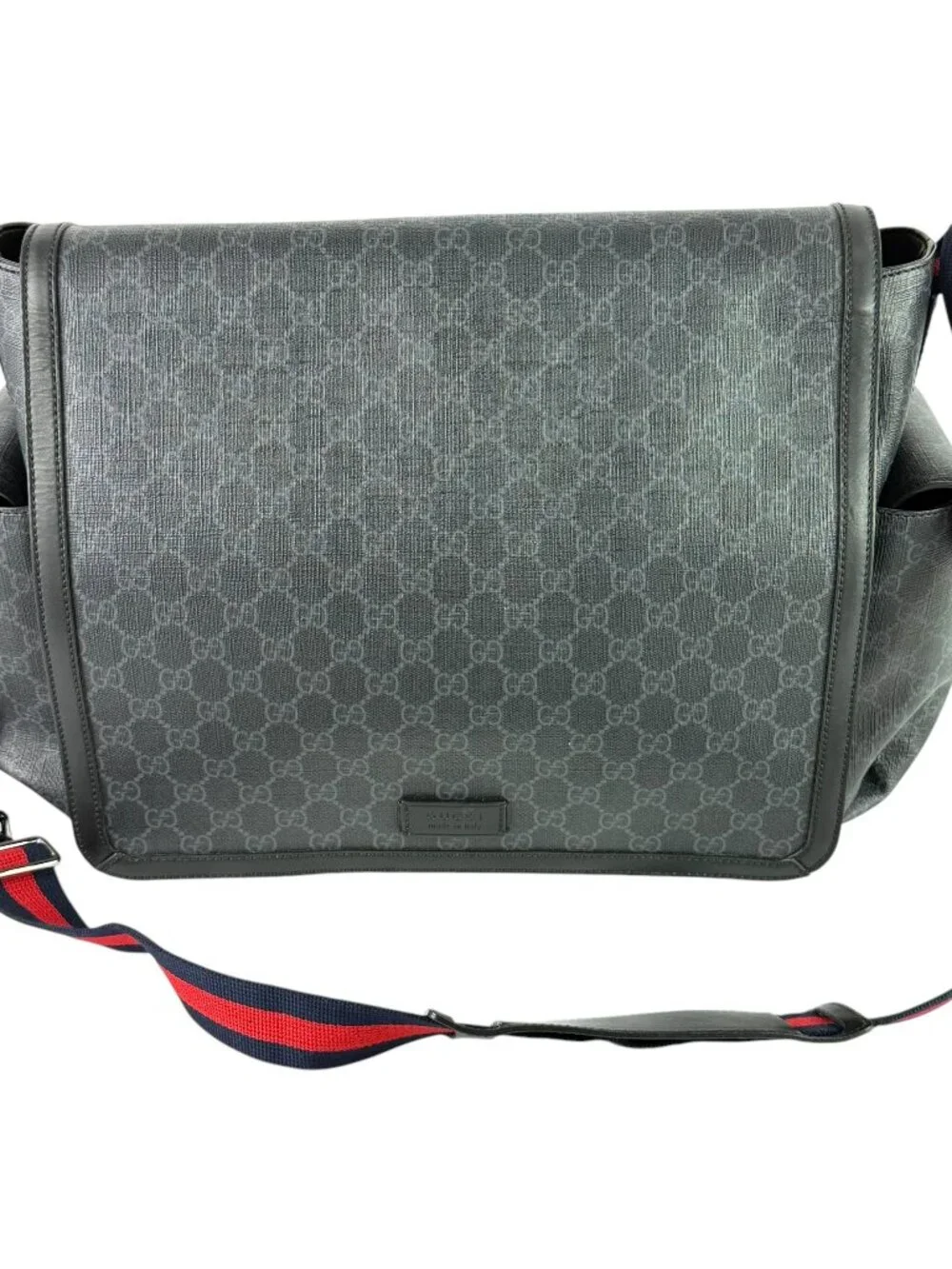 GUCCI Gray Supreme Canvas Leather Trim GG Web Diaper Changing Bag Made in Italy